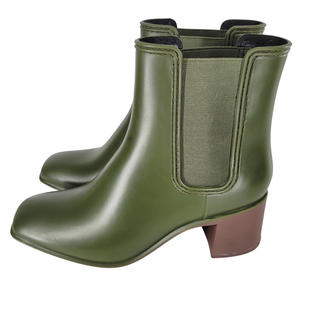 Jeffrey Campbell RAINY DAY Rain Boots Sz‎ 8 Rubber Heel Chelsea Green Khaki